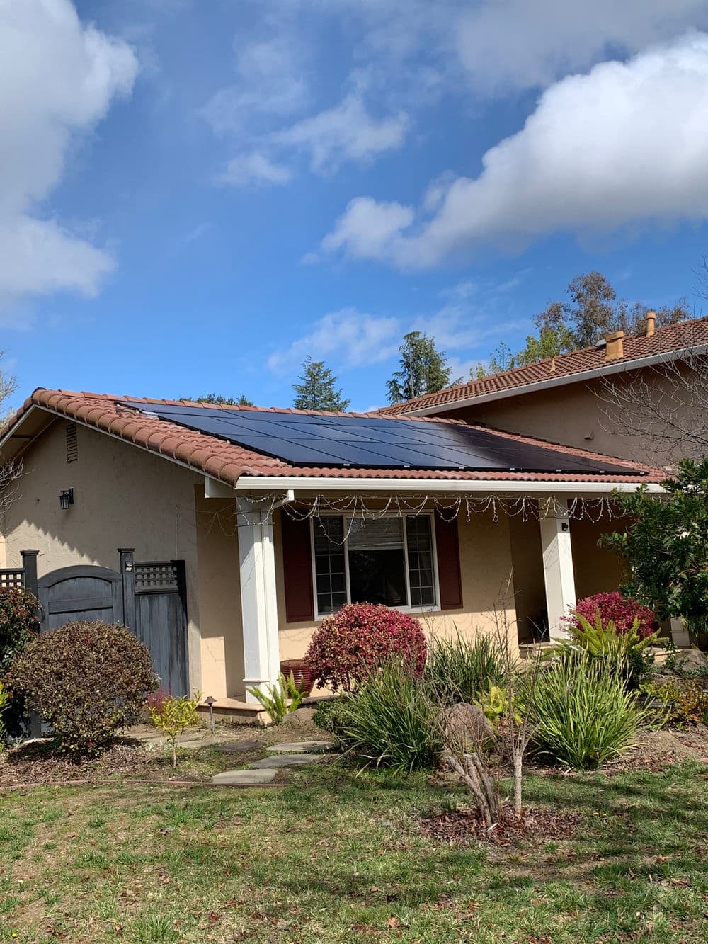 Home with solar panels on roof, landscaping featuring shrubs and plants under a blue sky.
