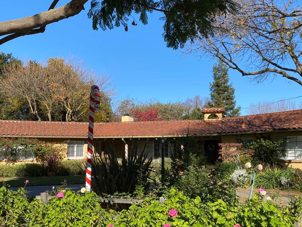 Charming house with red and white striped candy cane, surrounded by colorful flowers and greenery.